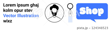Profile avatar, magnifying glass, and shop symbol in blue. Ideal for e-commerce, online shopping, business services, website banners, and digital marketing. Banner for landing page 124348523