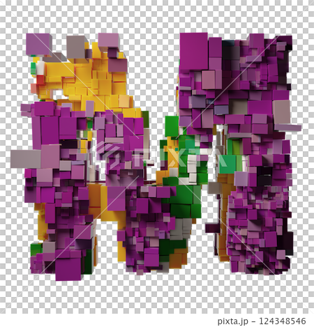 Colorful Pixelated 3D Letter M Composed of Vibrant Cubic Blocks 124348546