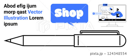Pen and shop speech bubble, a person working on data analytics displayed on a computer. Ideal for e-commerce, online shopping, data analysis, business strategy, and digital marketing. Banner 124348554