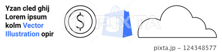 Three symbols including a dollar sign a blue and white shopping bag and a cloud shape. Ideal for online shopping e-commerce cloud technology financial services digital marketing and business landing 124348577