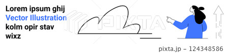 Minimalistic design with a woman pointing at an ascending arrow beside a cloud and placeholder text. Ideal for business growth productivity future success and digital marketing. Banner for landing 124348586