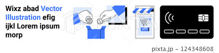 Two hands exchanging goods, a shopping cart on a mobile screen, and a contactless credit card. Ideal for e-commerce, online payments, digital shopping, secure transactions, and cashless technology Two hands exchanging goods, a shopping cart on a mobile screen, and a contactless credit card. Ideal for e-commerce, online payments, digital shopping, secure transactions, and cashless technology 124348608