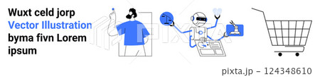 Cartoon of a customer service agent, a robot handling various tasks and an empty shopping cart. Ideal for technology, ecommerce, customer support, AI integration and digital marketing. Banner 124348610