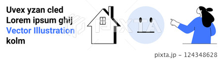 Text in black and blue alongside a simple house, a neutral face emotion, and a person pointing right. Ideal for conceptual design, user interface, communication, guidance, and architecture. Banner Text in black and blue alongside a simple house, a neutral face emotion, and a person pointing right. Ideal for conceptual design, user interface, communication, guidance, and architecture. Banner 124348628