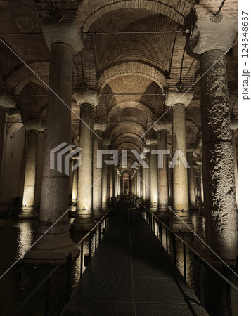 Basilica Cistern with Illuminated Ancient Columns and Water, Istanbul, Turkey Basilica Cistern with Illuminated Ancient Columns and Water, Istanbul, Turkey 124348637