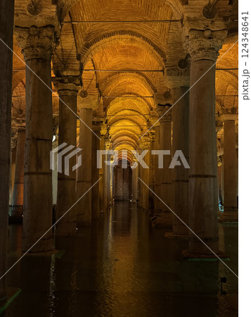 Basilica Cistern with Illuminated Ancient Columns and Water, Istanbul, Turkey 124348641