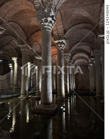 Basilica Cistern with Illuminated Ancient Columns and Water, Istanbul, Turkey Basilica Cistern with Illuminated Ancient Columns and Water, Istanbul, Turkey 124348644