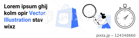 Shopping bag in blue with logo, person holding magnifying glass, and stopwatch. Ideal for ecommerce, sales, time management, research, and business promotion. Landing page Shopping bag in blue with logo, person holding magnifying glass, and stopwatch. Ideal for ecommerce, sales, time management, research, and business promotion. Landing page 124348660
