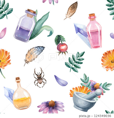 Herbology, flowers, rose, calendula, echinacea, composition, leaves, feathers, crystal, potion, seamless pattern, witchcraft, alchemy, watercolor, illustration, set, purple, orange, green, decor Herbology, flowers, rose, calendula, echinacea, composition, leaves, feathers, crystal, potion, seamless pattern, witchcraft, alchemy, watercolor, illustration, set, purple, orange, green, decor 124349036