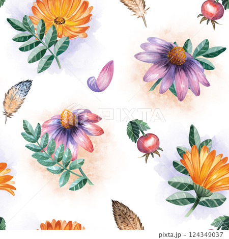 Herbology, flowers, rose, calendula, echinacea, composition, leaves, feathers, crystal, potion, seamless pattern, witchcraft, alchemy, watercolor, illustration, set, purple, orange, green, decor Herbology, flowers, rose, calendula, echinacea, composition, leaves, feathers, crystal, potion, seamless pattern, witchcraft, alchemy, watercolor, illustration, set, purple, orange, green, decor 124349037