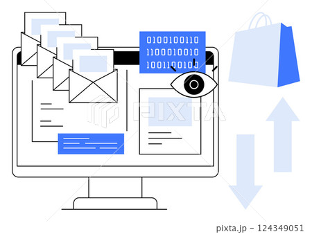 A computer screen shows emails, data, a shopping bag icon, and arrows. Ideal for e-commerce, digital marketing, online communication, data analysis, software tools. Modern flat style 124349051