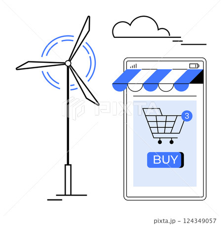 Wind turbine next to a smartphone with a shopping cart and buy button. Ideal for e-commerce, renewable energy, online shopping, tech advancements, sustainable practices. Simple vector style 124349057