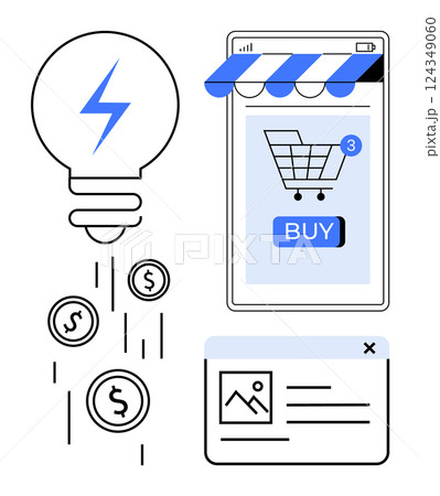 Lightbulb with a blue spark, coins, smartphone shopping cart with notifications, and a website preview. Ideal for online shopping, e-commerce, innovation, digital marketing, and technology. Simple 124349060
