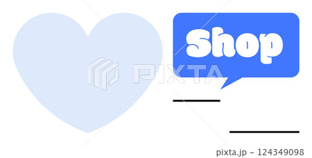 Light blue heart beside a blue speech bubble with shop text. Simple design, bold text. Ideal for E-commerce, online stores, shopping, digital marketing, retail promotions. Flat vector style 124349098