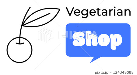 Black cherry with leaf to left side and a speech bubble with Shop text to right side. Ideal for vegetarian store, organic produce, health food, grocery marketing, and natural lifestyle promotion 124349099