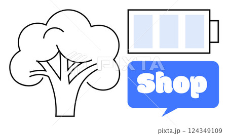 Vector of tree, battery, and shop icon in minimalistic style. Ideal for sustainability projects, energy conservation, eco-friendly businesses, nature-related advertisements, and environmental Vector of tree, battery, and shop icon in minimalistic style. Ideal for sustainability projects, energy conservation, eco-friendly businesses, nature-related advertisements, and environmental 124349109
