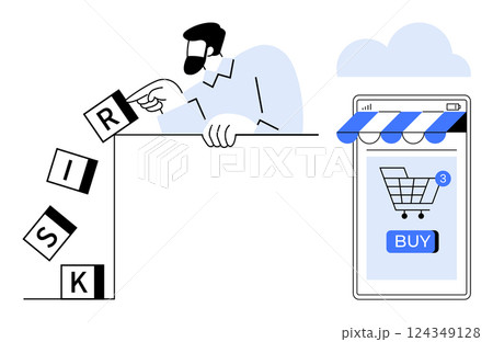 Man preventing the word Risk from collapsing while an online shopping cart on a smartphone displays a Buy button. Ideal for e-commerce, risk management, online shopping, consumer behavior, digital 124349128