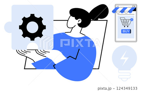 A woman holding a gear puzzle piece symbolizing problem-solving. Nearby is a digital shopping cart screen and a lightbulb icon. Ideal for technology, innovation, online shopping, automation 124349133