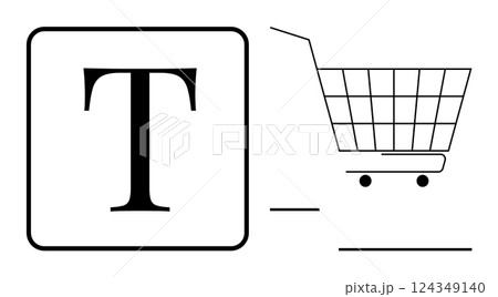 Large letter T inside a square alongside a minimalist shopping cart silhouette. Ideal for online shopping, e-commerce, retail apps, user interfaces and graphic design. Simple outline style 124349140