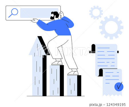 A person standing on a growth chart holding a search bar. Ideal for business development, SEO, digital marketing, analytics, and success measurement. Modern, clean style A person standing on a growth chart holding a search bar. Ideal for business development, SEO, digital marketing, analytics, and success measurement. Modern, clean style 124349195