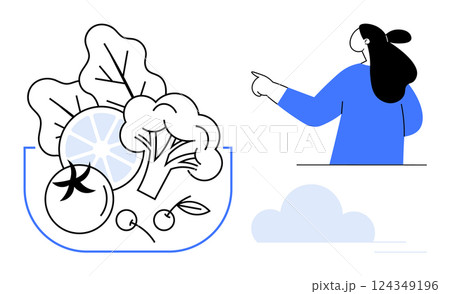 A woman pointing towards a bowl filled with various vegetables and fruits like tomato, broccoli, and lemon. Ideal for healthy eating, nutrition, vegetarian lifestyle, food education, clean eating A woman pointing towards a bowl filled with various vegetables and fruits like tomato, broccoli, and lemon. Ideal for healthy eating, nutrition, vegetarian lifestyle, food education, clean eating 124349196