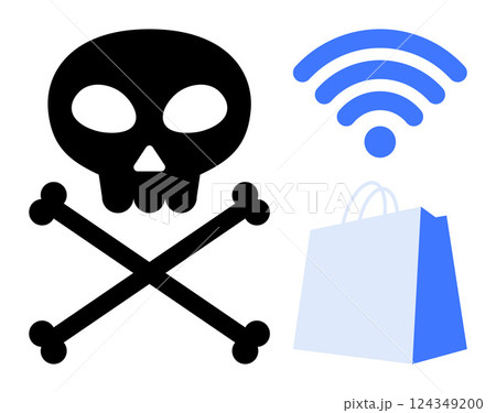 Skull and crossbones, wireless signal, and shopping bag symbolize cybersecurity issues in e-commerce. Ideal for digital security, online shopping risks, internet safety, cyber threats, data Skull and crossbones, wireless signal, and shopping bag symbolize cybersecurity issues in e-commerce. Ideal for digital security, online shopping risks, internet safety, cyber threats, data 124349200