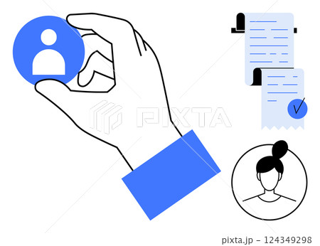 Hand holding profile icon, checklist with a tick, female profile icon. Ideal for HR, recruitment, resume selection, employee documentation, administrative tasks. Cartoon style, clean, modern Hand holding profile icon, checklist with a tick, female profile icon. Ideal for HR, recruitment, resume selection, employee documentation, administrative tasks. Cartoon style, clean, modern 124349298