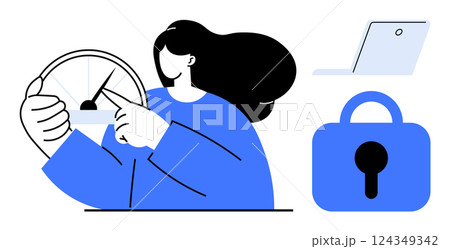 Woman pointing at speedometer, laptop, and security lock. Ideal for business analytics, cyber security, tech infrastructure, data protection, and operational efficiency. Modern flat style 124349342