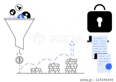 Graphic shows marketing funnel converting audience to money, coins representing revenue growth, document with blue checkmark, and padlock. Ideal for marketing, business growth, data security, sales Graphic shows marketing funnel converting audience to money, coins representing revenue growth, document with blue checkmark, and padlock. Ideal for marketing, business growth, data security, sales 124349344