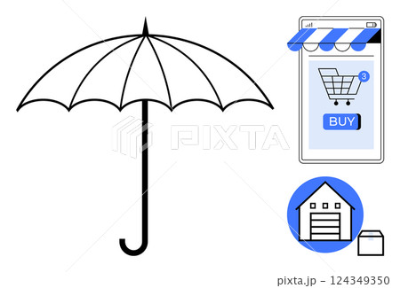 An umbrella symbol, online shopping cart screen, and warehouse icon suggest themes of online shopping, consumer protection, logistics, digital purchases, and e-commerce safety. Clean, minimalist 124349350