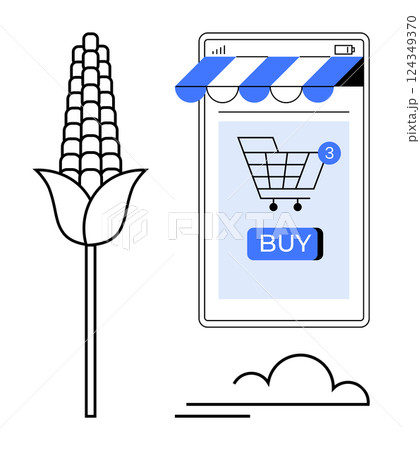 Corn stalk and digital shopping screen with a cart icon and BUY button. Ideal for agriculture, technology, e-commerce, digital marketing, and online retail. Modern vector style. Blue and black colors Corn stalk and digital shopping screen with a cart icon and BUY button. Ideal for agriculture, technology, e-commerce, digital marketing, and online retail. Modern vector style. Blue and black colors 124349370