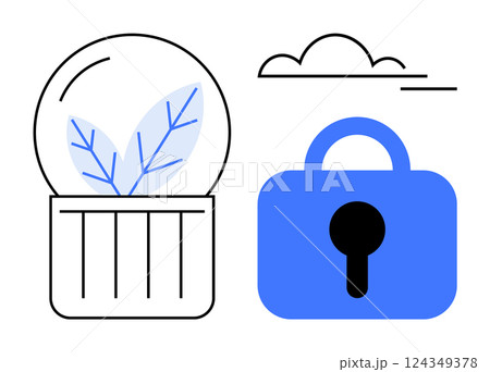 A blue padlock next to a transparent globe encasing a leaf with a cloud above. Ideal for security conservation technology nature protection and data privacy. Modern minimalist design 124349378