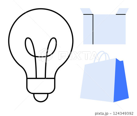 Light bulb, open package box, and shopping bag. Ideal for ecommerce, retail, shipping services, idea generation, and product packaging. Bold colors and clean minimalist style 124349392