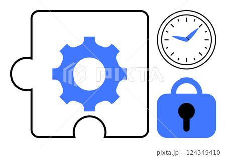 Puzzle piece with a blue gear icon, a clock, and a padlock symbol. Ideal for time management, security, workflow, problem-solving, and organization. Clean, minimalist, modern style 124349410