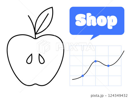 Line drawing of an apple with a leaf next to a shopping speech bubble and a line graph with data points. Ideal for commerce, shopping trends, food industry, economics, and market analysis themes Line drawing of an apple with a leaf next to a shopping speech bubble and a line graph with data points. Ideal for commerce, shopping trends, food industry, economics, and market analysis themes 124349432