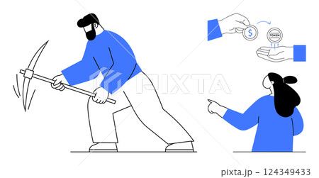 Person wielding a pickaxe in an action stance. Hand holding a coin with a dollar sign above another coin marked currency. Person pointing towards the scene. Ideal for mining, cryptocurrency, finance Person wielding a pickaxe in an action stance. Hand holding a coin with a dollar sign above another coin marked currency. Person pointing towards the scene. Ideal for mining, cryptocurrency, finance 124349433