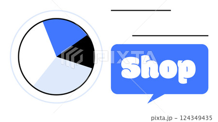 Pie chart with blue black and light grey sections next to a blue speech bubble containing the word Shop. Ideal for business branding commerce data visualization marketing promotional materials Pie chart with blue black and light grey sections next to a blue speech bubble containing the word Shop. Ideal for business branding commerce data visualization marketing promotional materials 124349435