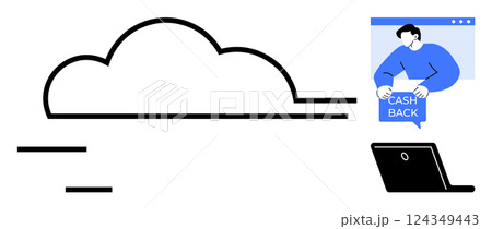 Man holding cash back icon in front of laptop beside a cloud. Ideal for cloud storage, online shopping, financial savings, e-commerce, digital marketing. Simple minimalist style Man holding cash back icon in front of laptop beside a cloud. Ideal for cloud storage, online shopping, financial savings, e-commerce, digital marketing. Simple minimalist style 124349443