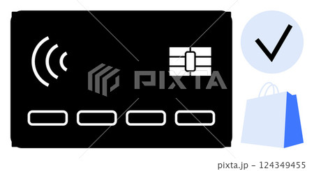 Vector of a black contactless payment card with a chip, a checkmark, and a shopping bag with S icon. Ideal for online shopping, digital transactions, security, e-commerce, and fintech Vector of a black contactless payment card with a chip, a checkmark, and a shopping bag with S icon. Ideal for online shopping, digital transactions, security, e-commerce, and fintech 124349455