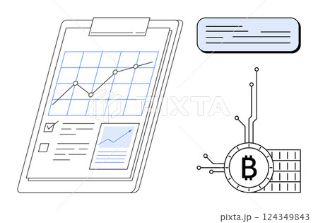 A clipboard with line charts and graphs, a speech bubble, and a Bitcoin symbol connected to circuitry. Ideal for financial analysis, cryptocurrency, data visualization, blockchain, fintech. Thin line A clipboard with line charts and graphs, a speech bubble, and a Bitcoin symbol connected to circuitry. Ideal for financial analysis, cryptocurrency, data visualization, blockchain, fintech. Thin line 124349843