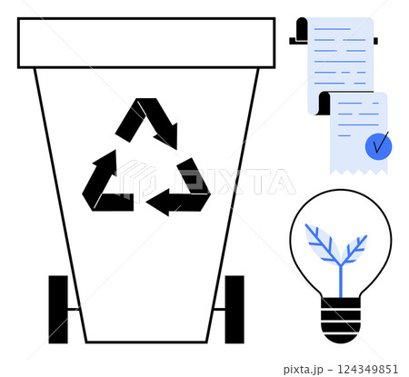 Recycling bin with symbol, document with checkmark, and lightbulb with plant inside. Ideal for sustainability, recycling, environmental awareness, waste management, green energy. Modern minimal style Recycling bin with symbol, document with checkmark, and lightbulb with plant inside. Ideal for sustainability, recycling, environmental awareness, waste management, green energy. Modern minimal style 124349851