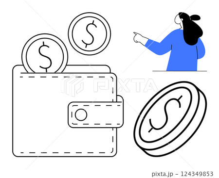 Wallet with coins symbolizes money management. Woman in blue points towards the wallet. Ideal for finance, budgeting, saving, investments, economic education. Minimalist lines, vector graphic, modern 124349853