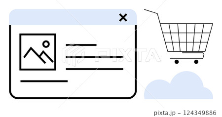 Online shopping interface with a product details window showcasing an image, text, and a shopping cart symbol. Ideal for digital sales, ecommerce platforms, online retail, web design, and UI UX Online shopping interface with a product details window showcasing an image, text, and a shopping cart symbol. Ideal for digital sales, ecommerce platforms, online retail, web design, and UI UX 124349886