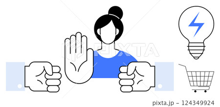 A person showcases a stop gesture with surrounding elements including a lightbulb, a shopping cart, and raised fists. Ideal for communication, caution, shopping, creativity, and conflict themes. Flat 124349924