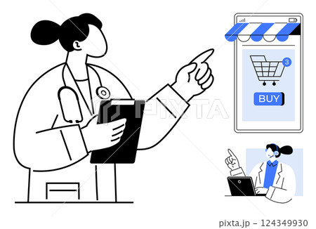 Medical professional with a clipboard pointing to a mobile phone displaying a shopping cart. Also includes smaller image of same character working on a laptop. Ideal for e-commerce, telemedicine 124349930