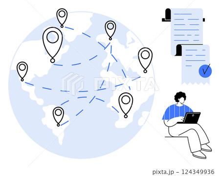 A map with location markers represents worldwide connectivity. A person with a laptop and online documents signify remote work and digital documentation. Ideal for globalization, technology, remote 124349936