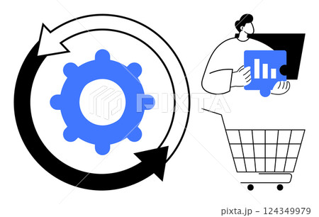 Gear with arrows, person holding a graph, and shopping cart. Ideal for business processes, data analysis, e-commerce, workflow automation, and performance tracking. Minimalist vector style Gear with arrows, person holding a graph, and shopping cart. Ideal for business processes, data analysis, e-commerce, workflow automation, and performance tracking. Minimalist vector style 124349979