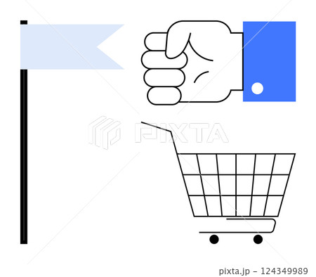 A flag a hand in a fist and a shopping cart all in clean vector style. Ideal for commerce retail marketing shopping and user experience themes A flag a hand in a fist and a shopping cart all in clean vector style. Ideal for commerce retail marketing shopping and user experience themes 124349989