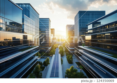 Modern glass skyscrapers reflecting setting sun at business district with solar panels 124350069