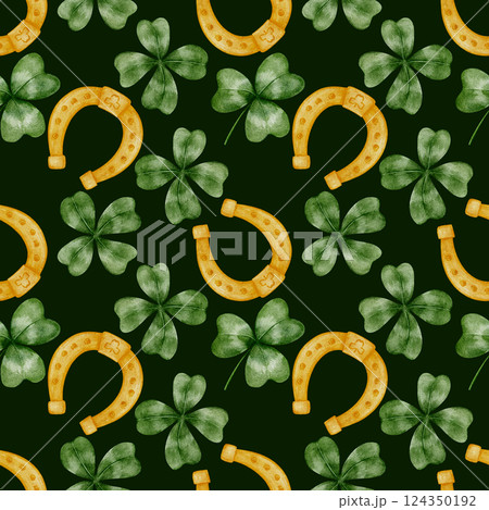 Hand drawn watercolor clovers and horseshoes pattern . Green shamrocks and golden lucky symbols create a festive seamless ornament. Perfect for textiles, wallpapers, packaging, scrapbooking Hand drawn watercolor clovers and horseshoes pattern . Green shamrocks and golden lucky symbols create a festive seamless ornament. Perfect for textiles, wallpapers, packaging, scrapbooking 124350192